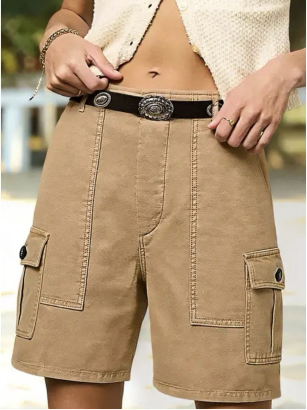 Flamingals Solid Flap Pocket Mid Rise Mid Thigh Shorts Without Belt L